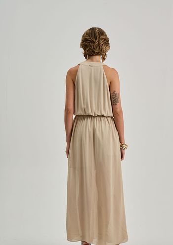 Vestido Iódice Solto Decote V Sem Manga Midi Bege P / bege