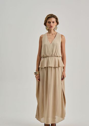 Vestido Iódice Solto Decote V Sem Manga Midi Bege P / bege