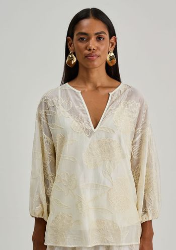 Blusa Iódice Solta Decote V Manga Longa Alongada Off White P / Off White