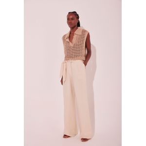 Calça Pantalona Cintura Alta Flare Visco Linen Liso Bege Claro