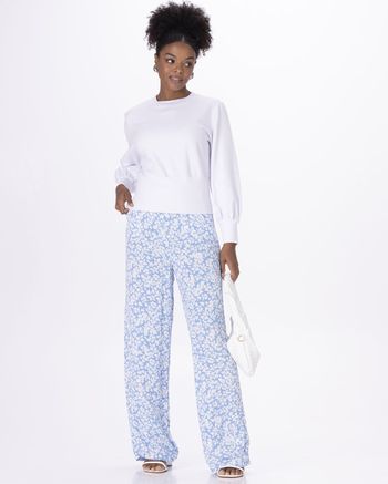 Calça Reta Feminina Floral Em Viscose Texturizada G / Azul