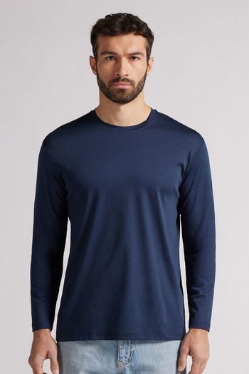 Camiseta De Manga Comprida Em Algodão Premium - Azul G / Azul