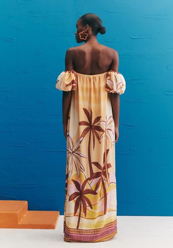 Vestido Longo Manga Balonê Estampado El Coquito P / BEGE