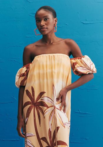 Vestido Longo Manga Balonê Estampado El Coquito P / BEGE