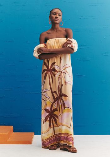 Vestido Longo Manga Balonê Estampado El Coquito P / BEGE