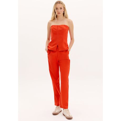 Calça Carrot Alfaiataria Cintura Alta Linho Laranja