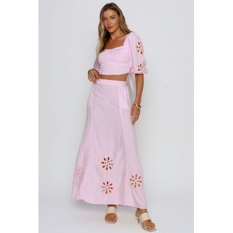 Saia Midi Liocel Godê Bordados Vazados Florais Lilás