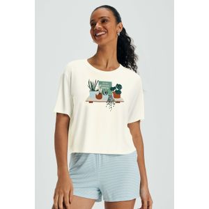 Pijama Feminino Marialícia Malha Modal Manga Curta Bege