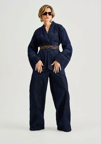 Kimono Iódice Solto Manga Longa Alongado Azul P / Azul