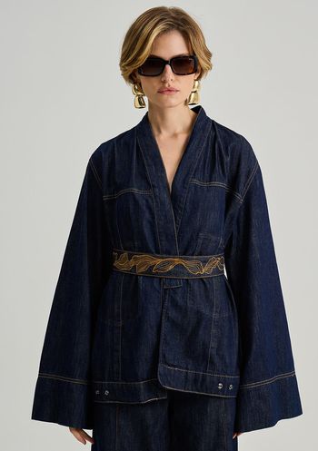 Kimono Iódice Solto Manga Longa Alongado Azul P / Azul