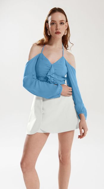 Blusa Iódice Frente Única Manga Longa Com Babado Azul PP / Azul