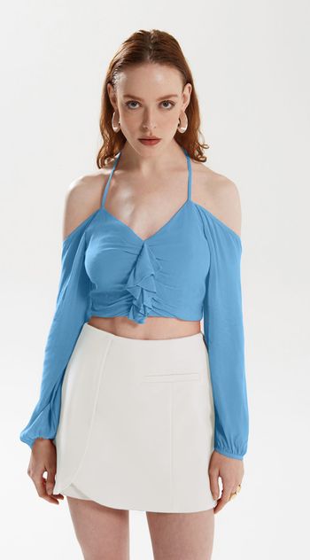 Blusa Iódice Frente Única Manga Longa Com Babado Azul PP / Azul