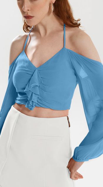Blusa Iódice Frente Única Manga Longa Com Babado Azul PP / Azul