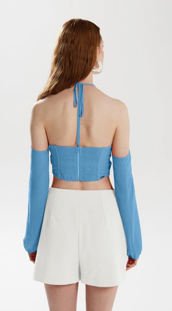 Blusa Iódice Frente Única Manga Longa Com Babado Azul PP / Azul