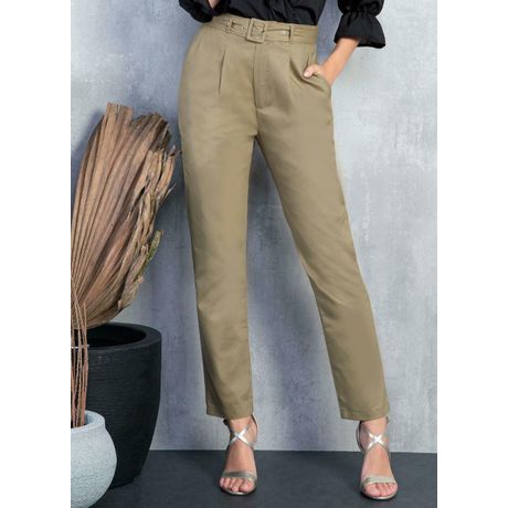 Calça Reta Cintura Alta E Cinto Caqui Colorido Quintess