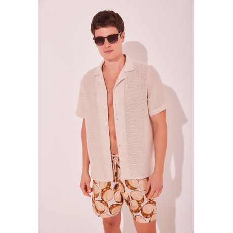 Camisa Pesca Vida Manga Curta Tela Rústica Bege