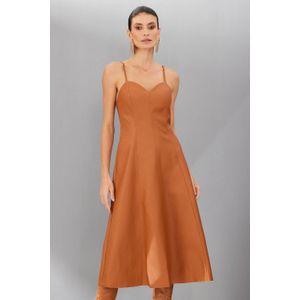 Vestido Godê Em PU Alça Fina Caramelo