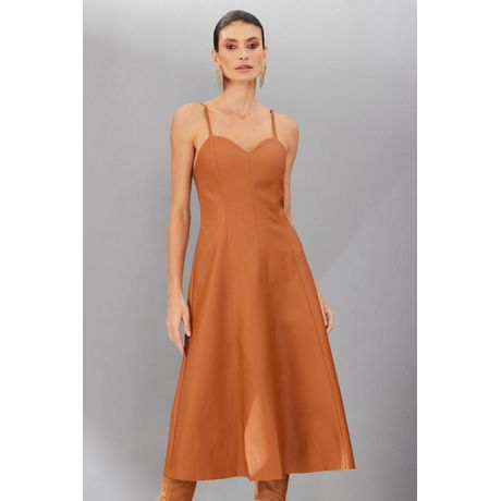 Vestido Godê Em PU Alça Fina Caramelo