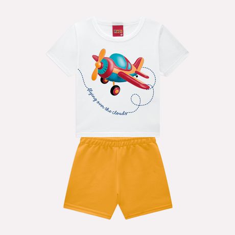 Conjunto Infantil Menino Em Algodão Kyly Tradicional Meia Malha E Moletom Amarelo Vibrante E Azul Escuro