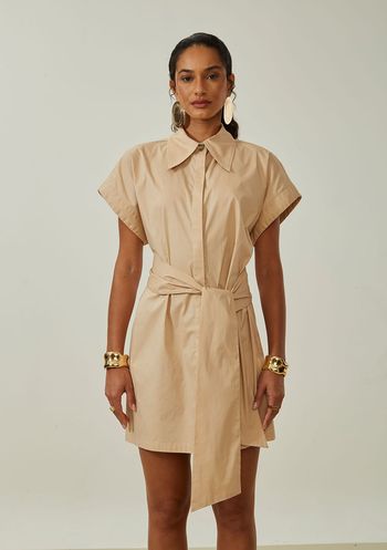 Vestido Maria.Valentina Solto Gola Clássica Manga Curta Curto Bege PP / Bege