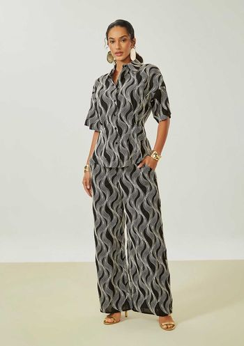 Camisa Maria.Valentina Ajustada Gola Clássica Manga Curta Padrão Preto PP / Preto