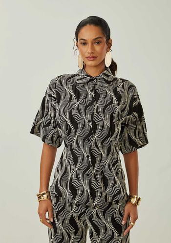 Camisa Maria.Valentina Ajustada Gola Clássica Manga Curta Padrão Preto PP / Preto