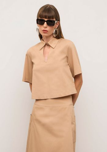 Blusa Iódice Solta Gola Clássica Manga Curta Cropped Bege PP / bege