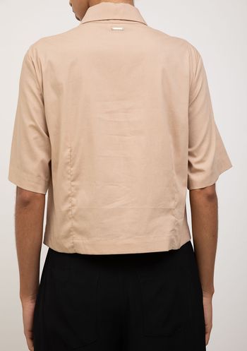 Blusa Iódice Solta Gola Clássica Manga Curta Cropped Bege PP / bege