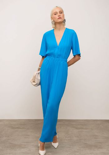 Macacão Iódice Solto Decote V Manga Curta Longo Azul M / Azul