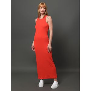 Vestido Feminino Calvin Klein Jeans Longo Justo Malha Canelada Sem Manga Laranja