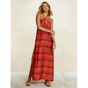 Vestido Midi Estampado Navajo Frente Única Viscose Com Seda Vermelho E Preto