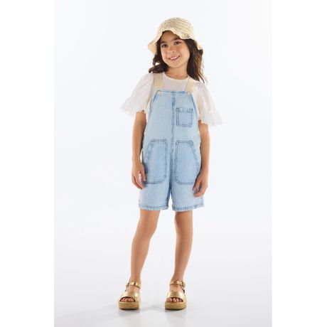 Jardineira Jeans Unissex Infantil Up Baby Regata Alças Ajustáveis Efeito Lavanderia Azul Claro