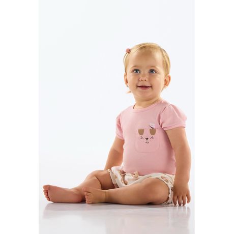 Conjunto Body E Short Para Bebê Up Baby Justo Suedine Manga Curta Franzida Lilás