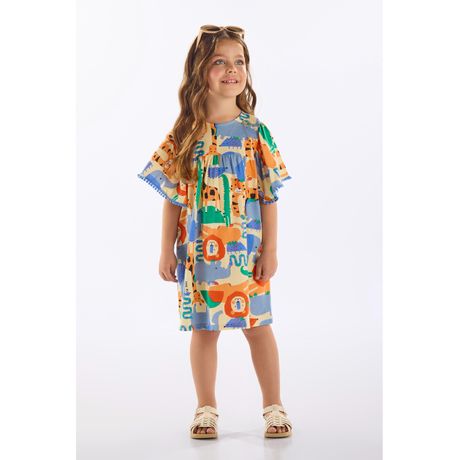 Vestido Infantil Em Algodão Up Baby Evasê Meia Malha Manga Curta Azul Claro Estampado