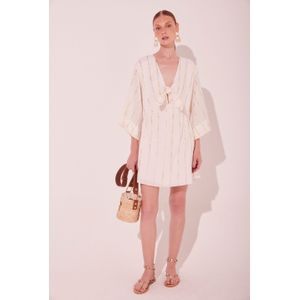 Vestido Curto Leveza Algodão Bordado Dourado Manga 3/4 Off White