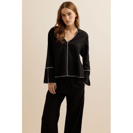 Blusa Com Linho Pesponto Manga Longa Preto