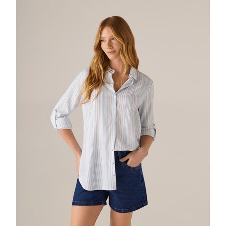 Blusa Makenji Meia Vista Gola Padre Listrada Manga Longa Azul Claro