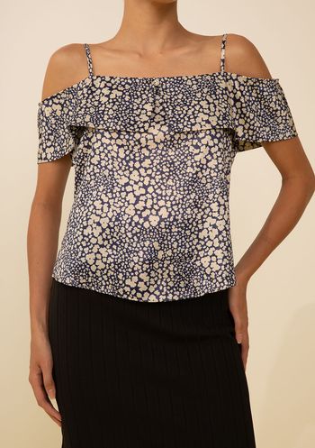 Blusa Zinco Solta Ombro A Ombro Manga Curta Padrão Azul P / Azul