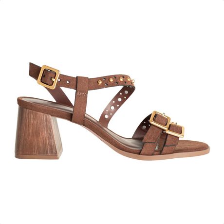 Sandália DM Salto Bloco Camurça Caramelo Tachas Douradas