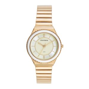 Relógio Feminino Caixa Média Metal Dourado Catraca Cerâmica Mostrador Champanhe Mondaine