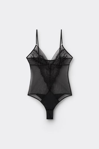 Body Tule e Renda Sheer Glamour - Preto P / Preto