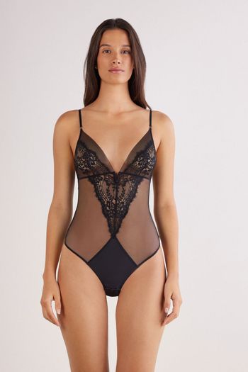 Body Tule e Renda Sheer Glamour - Preto P / Preto