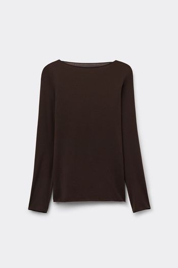 Blusa De Manga Comprida Com Decote Canoa Em Algodão Ultralight - Marrom P / Marrom