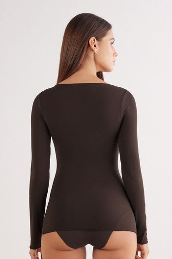 Blusa De Manga Comprida Com Decote Canoa Em Algodão Ultralight - Marrom P / Marrom