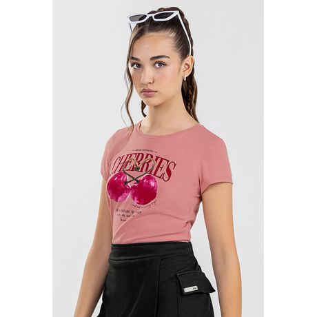 Blusa Juvenil Menina Cerejas Beats Ajustada Manga Curta Lilás