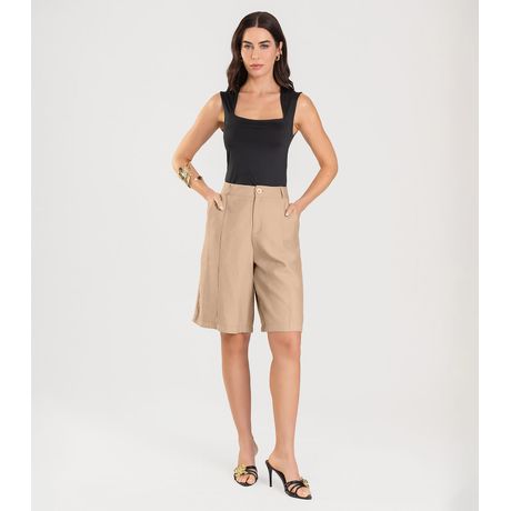 Bermuda Jorts Feminina Reta Em Sarja Bege