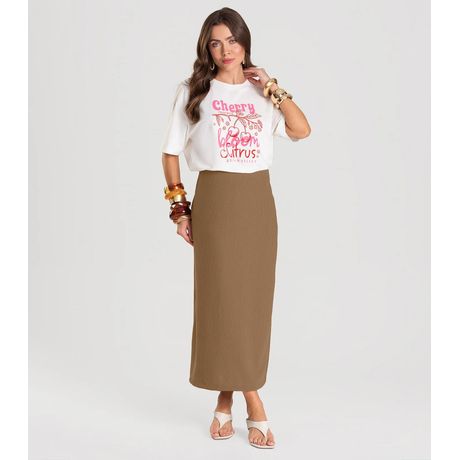 Saia Feminina Midi Dianna Malha Encorpada Caramelo