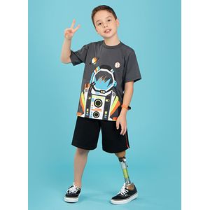 Conjunto Molekada Verão Menino Astronauta Camiseta Manga Curta Bermuda Moletom Cinza