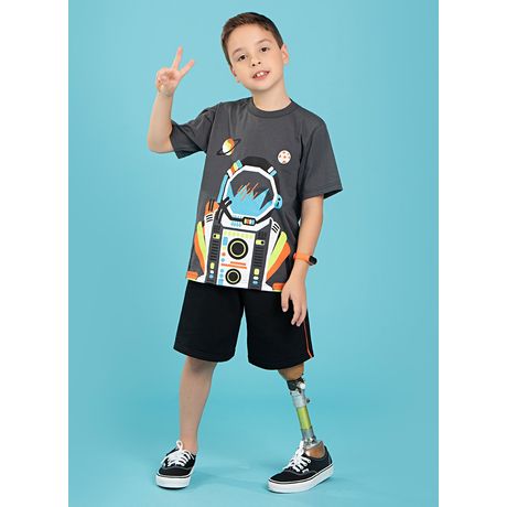 Conjunto Molekada Verão Menino Astronauta Camiseta Manga Curta Bermuda Moletom Cinza