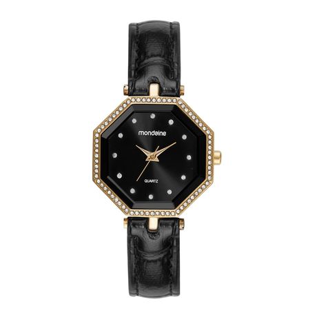Relógio Feminino Caixa Octogonal Couro Sintético Texturizado Preto Mondaine